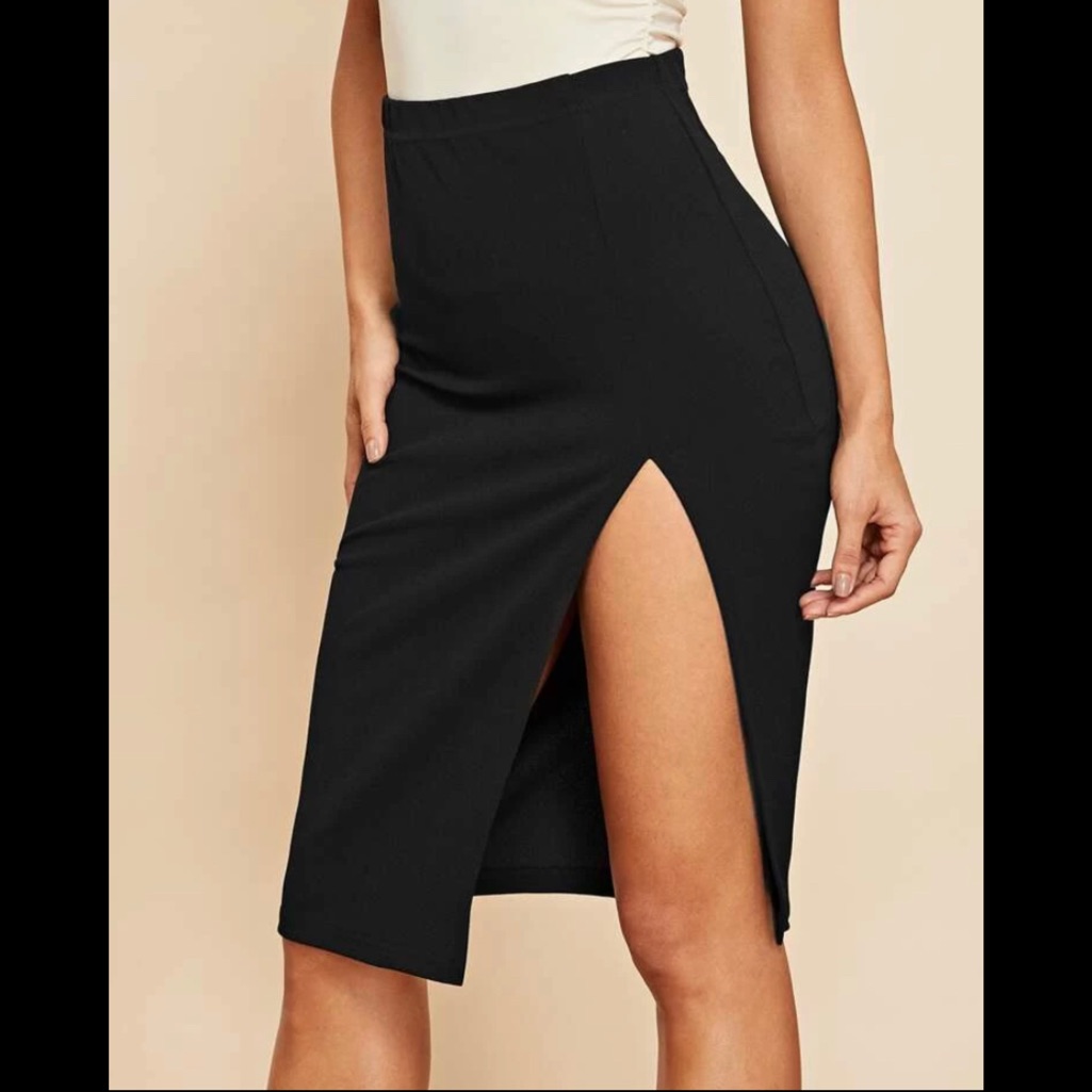 Black Solid Split Skirt